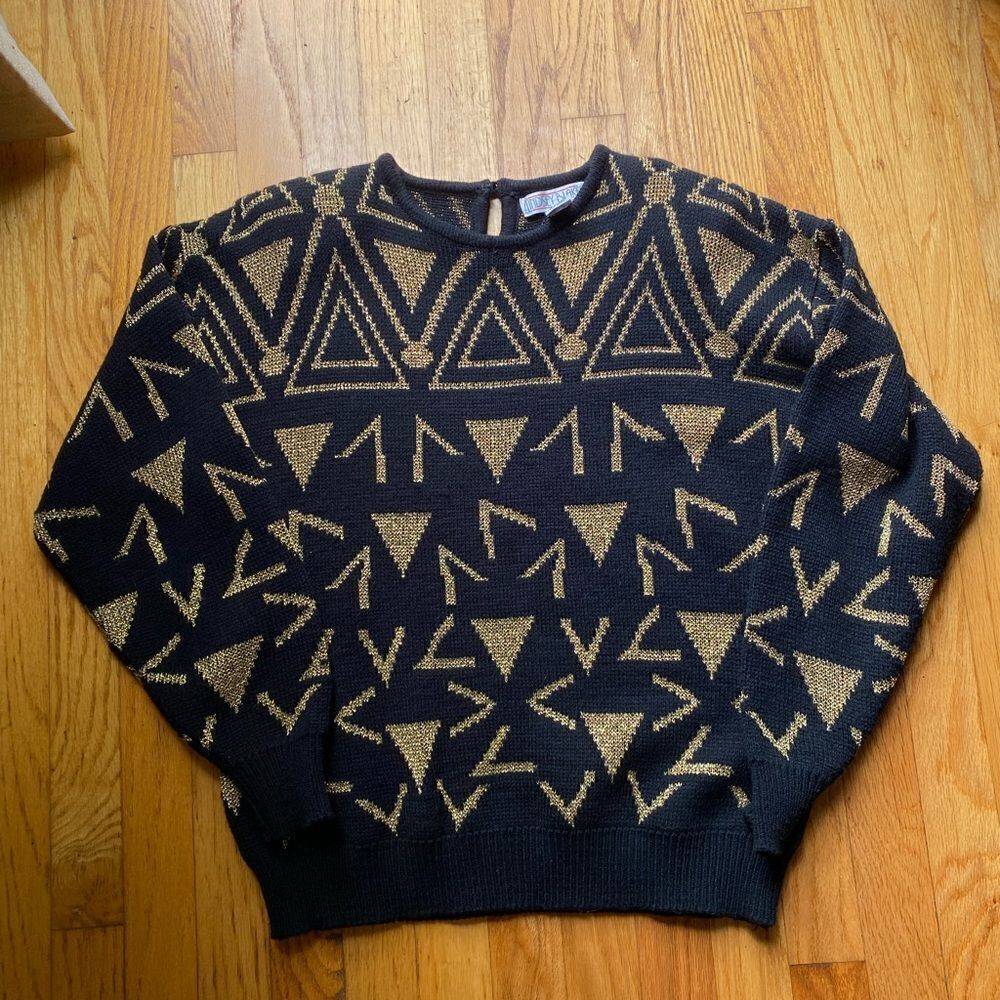 Lindsay Blake, women’s vintage 80s geometric print, golden black sweater, s/L